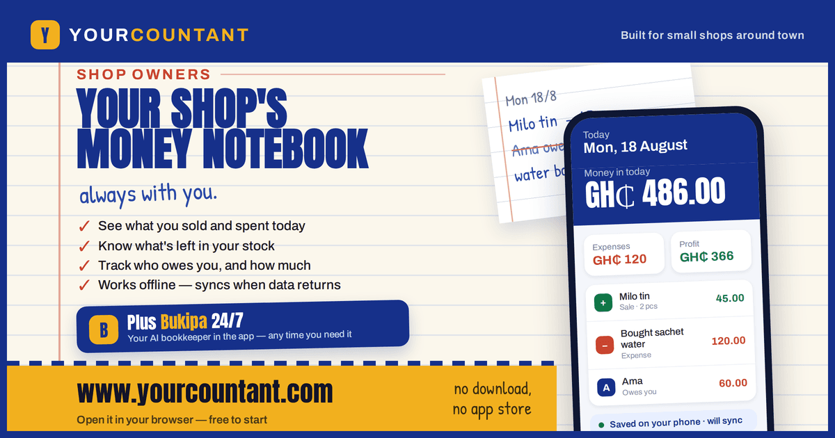 Yourcountant — your shop's money notebook, always with you. See what you sold and spent today, know your stock, track who owes you, works offline.
