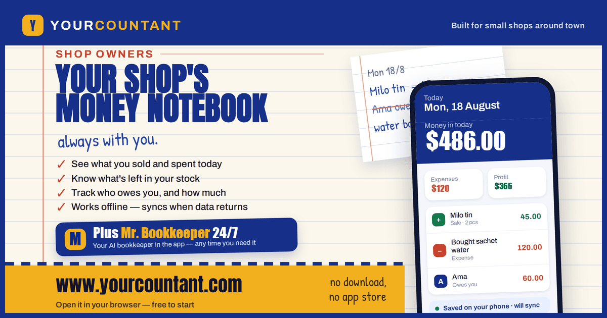 Yourcountant — your shop's money notebook, always with you. See what you sold and spent today, know your stock, track who owes you, works offline, plus Mr. Bookkeeper, your AI bookkeeper.